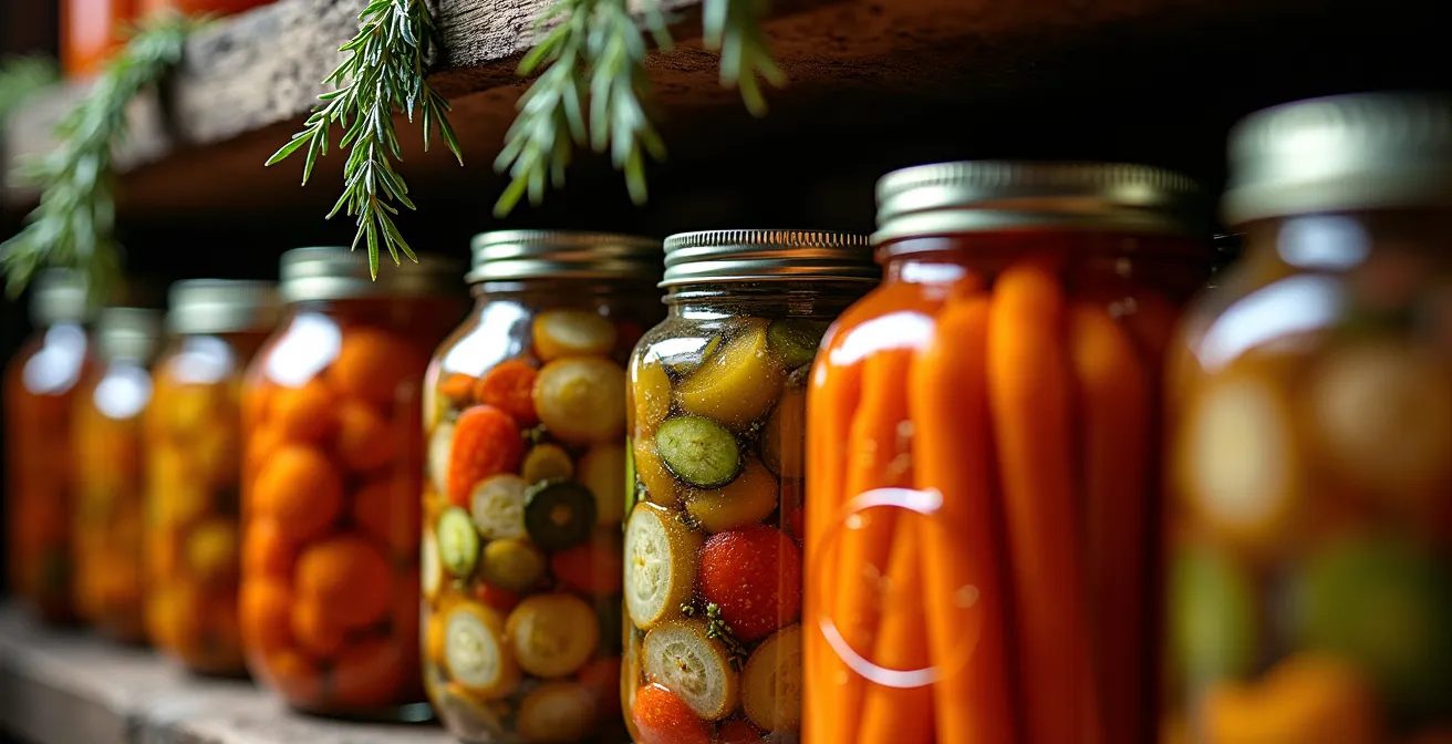 Root cellar with rows of preserved vegetables in glass jars and hanging dried herbs