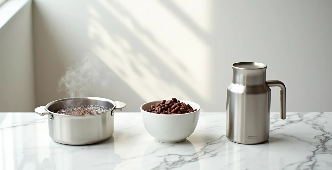Three different quick-soaking methods for dried beans shown side by side