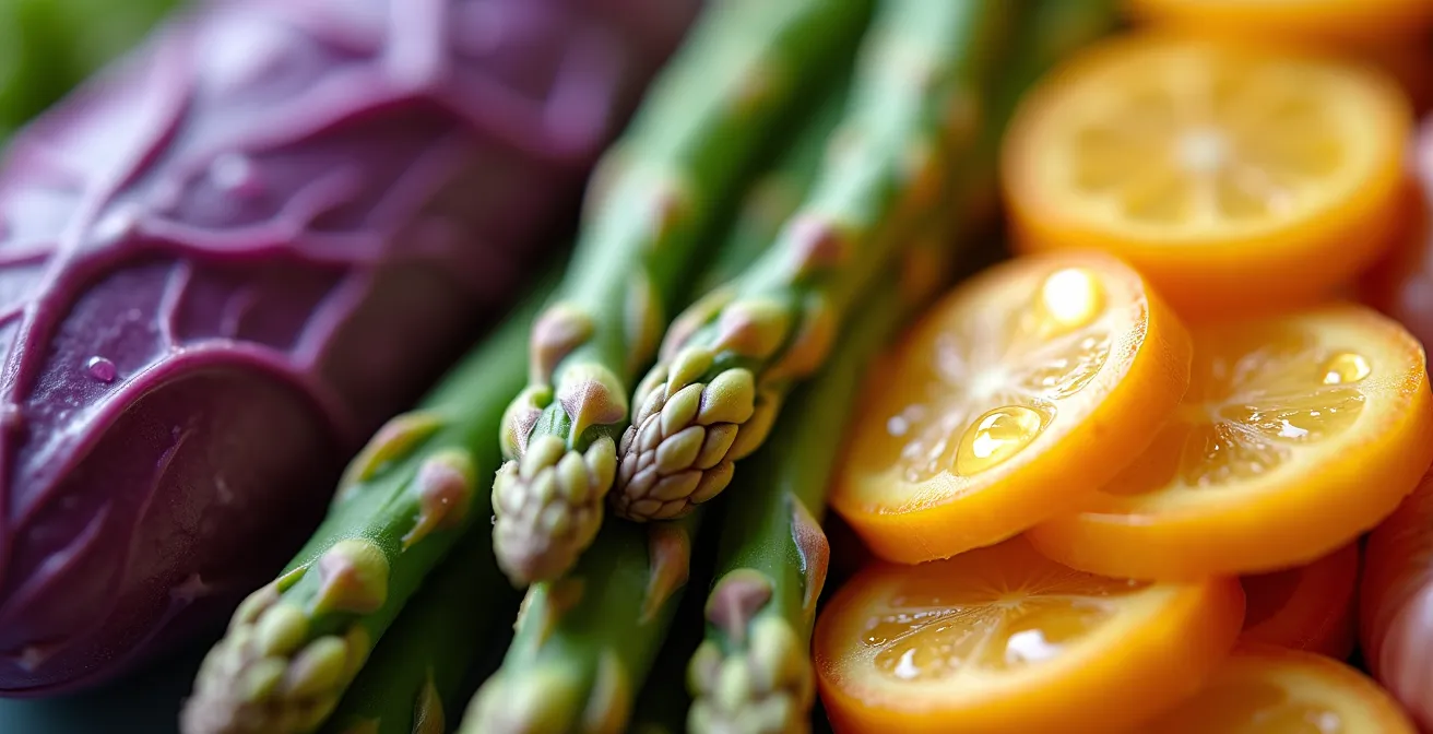 Colorful array of prebiotic-rich foods arranged in a rainbow spectrum