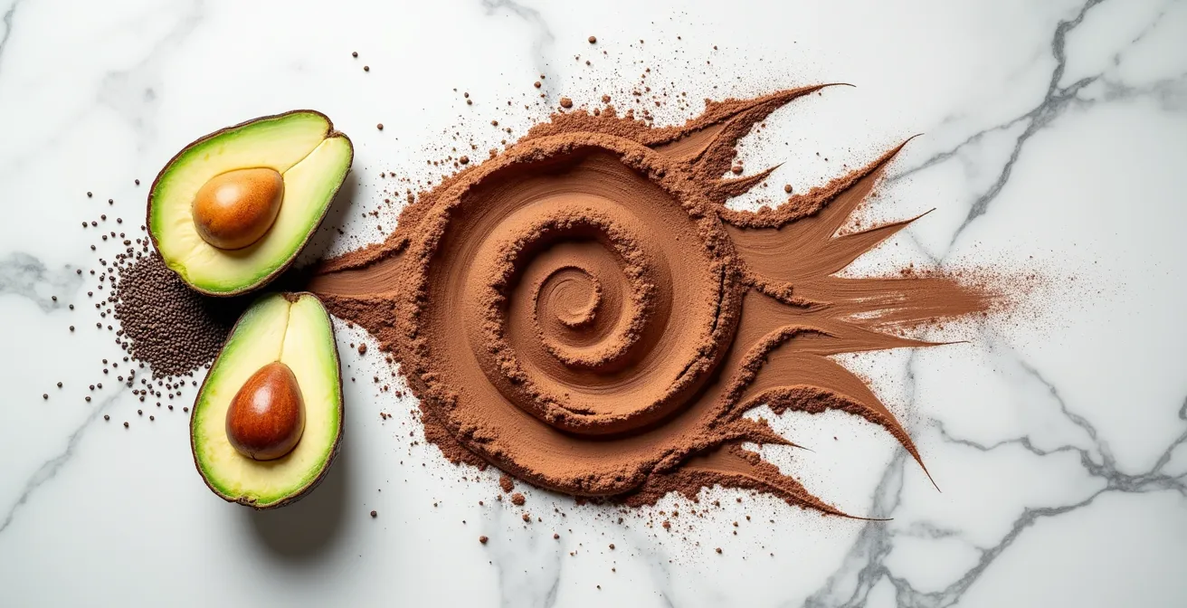 Artistic arrangement of raw cacao powder, avocado, chia seeds, and almond butter, symbolizing synergistic food combinations for skin health.