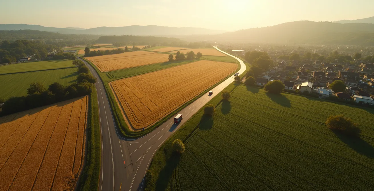Aerial view of farmland transitioning into urban areas with distribution routes