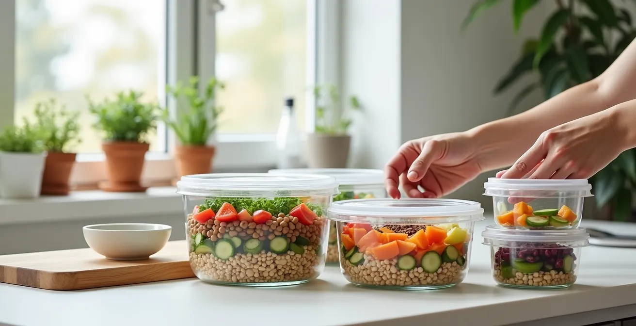 Wide shot of a bright, organized kitchen with batch-cooked vegan meals in glass containers.