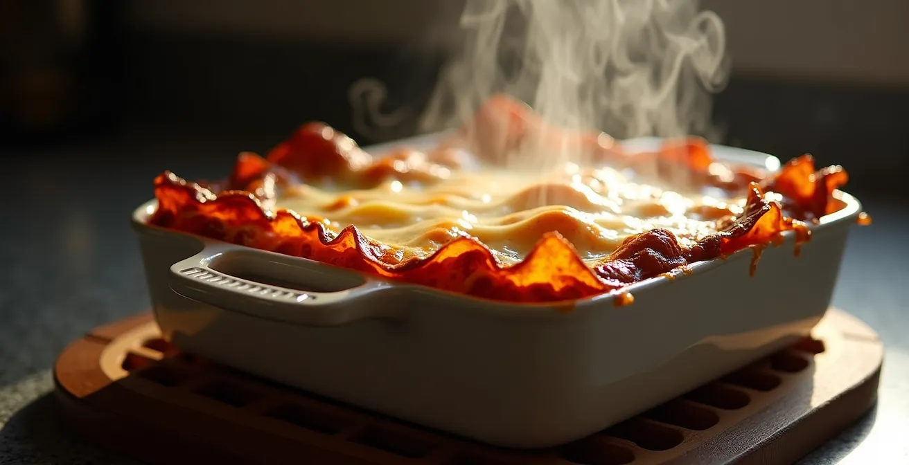 A freshly baked lasagna resting on a cooling rack with gentle steam wisps rising
