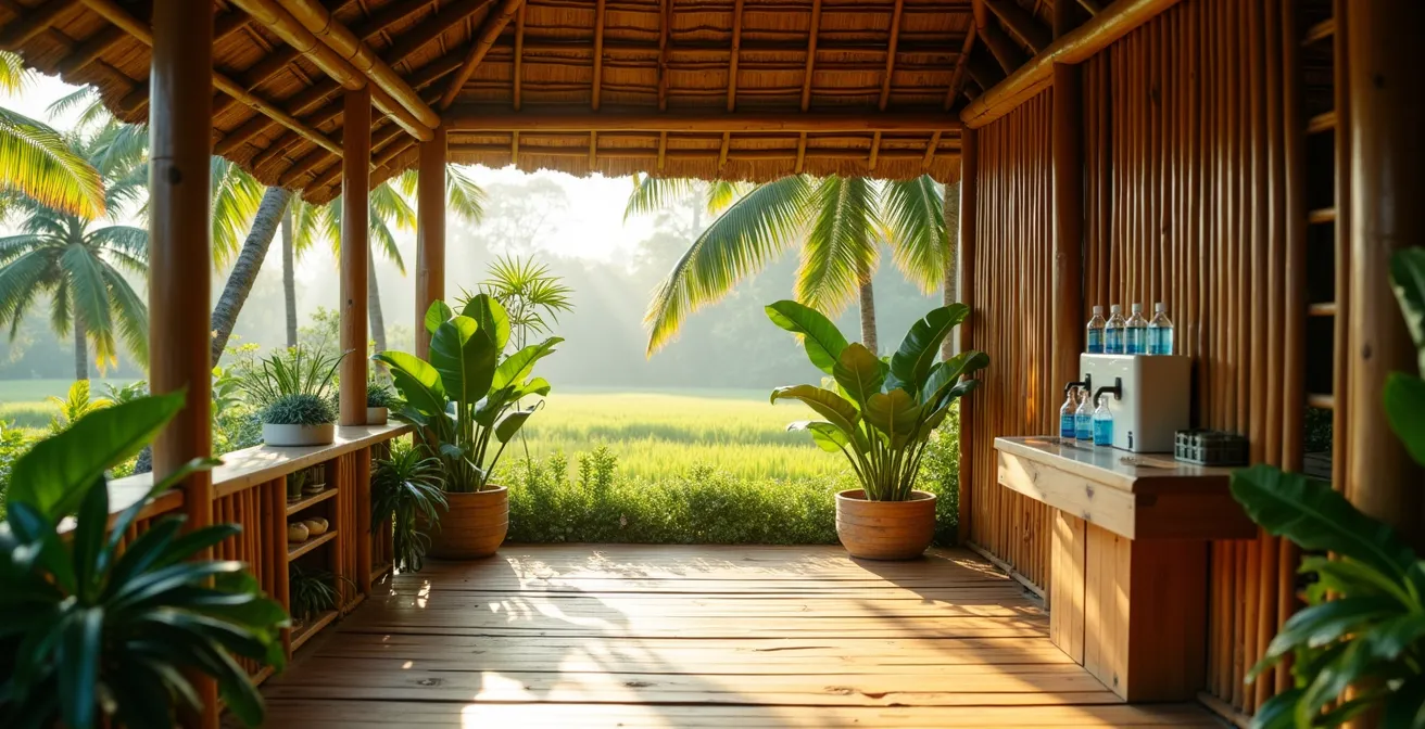 Traditional Balinese warung with a bamboo water refill station and tropical plants