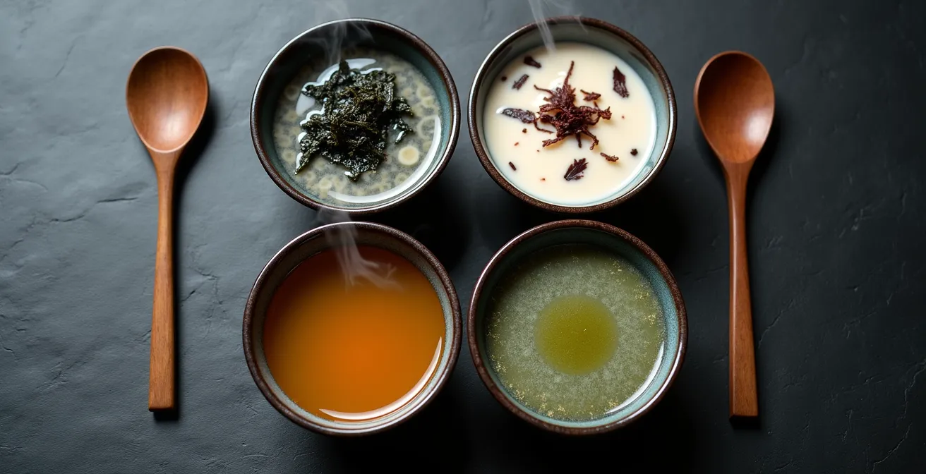 Four different soup bowls showcasing various seaweed preparations