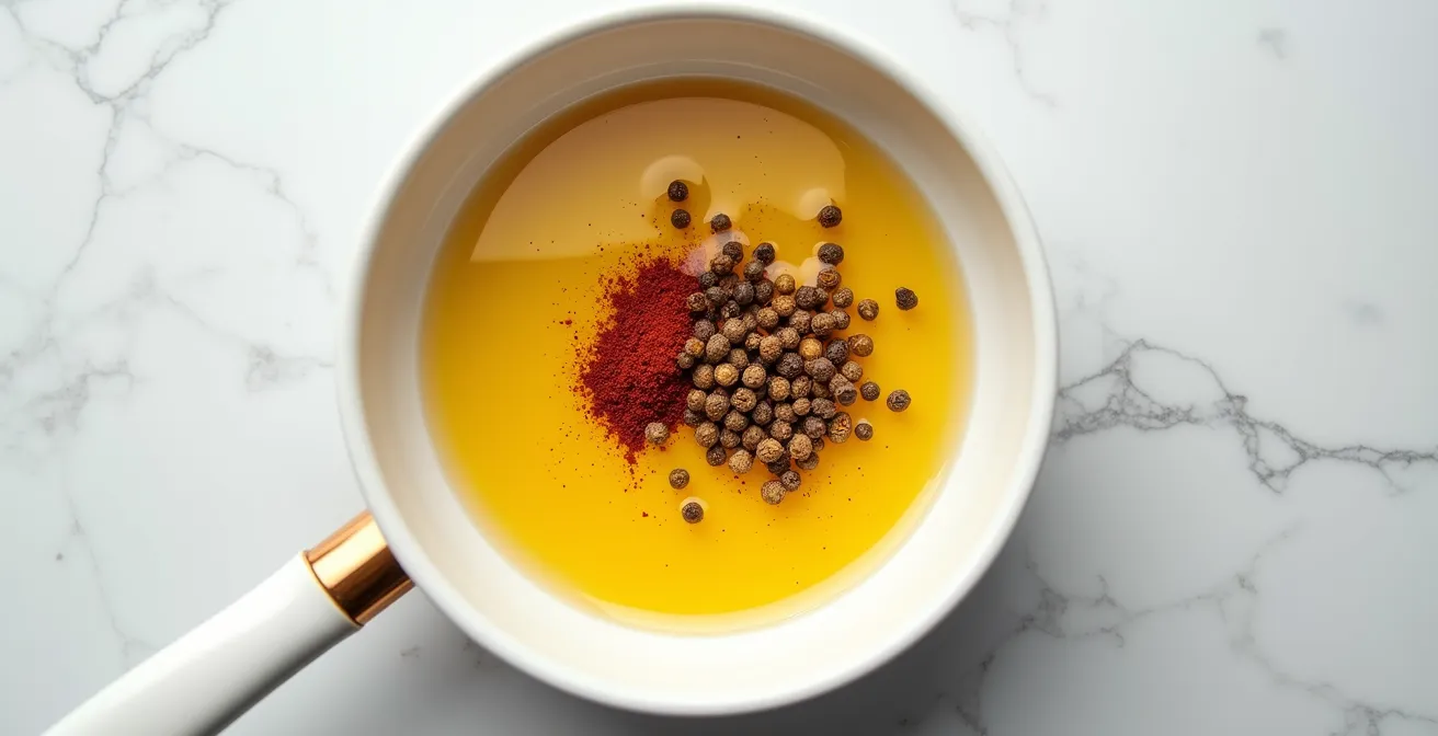 Cumin and paprika seeds releasing aromatic steam in hot oil