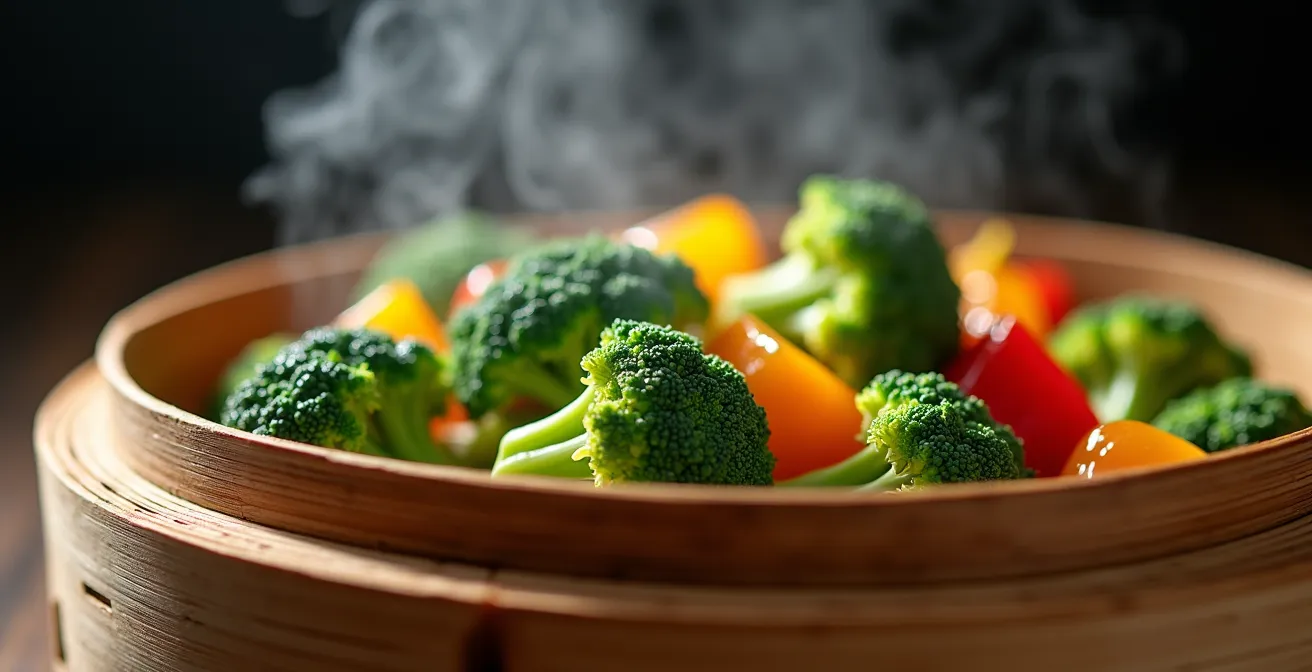 Close-up of vibrant vegetables being steamed with visible water vapor