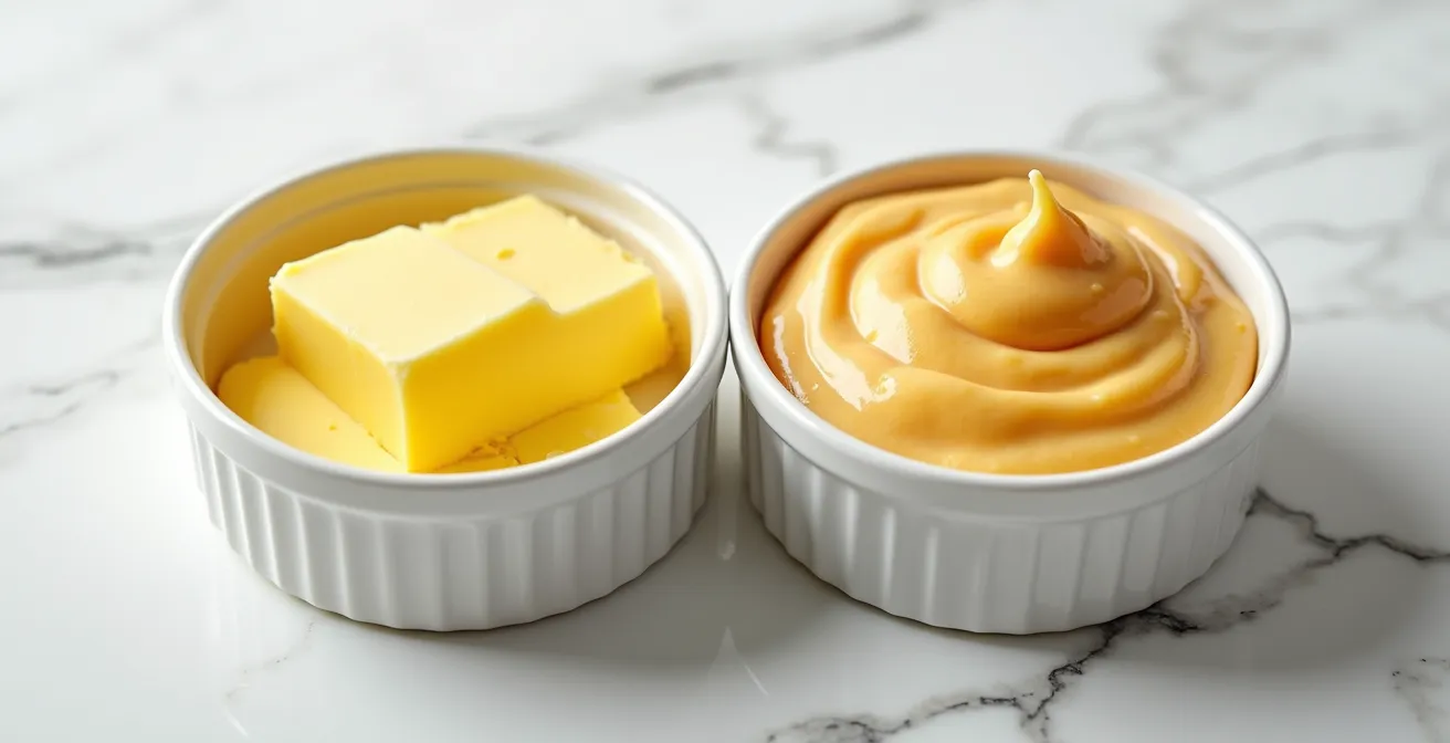 Side-by-side comparison of baking ingredients with butter and margarine