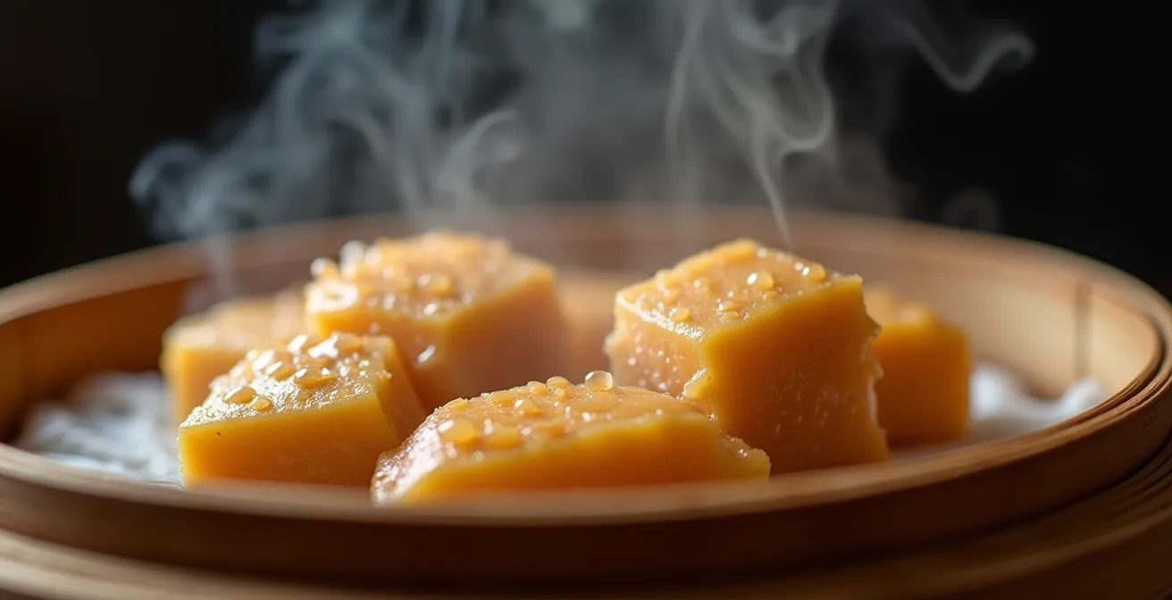 Bamboo steamer with tempeh pieces releasing steam in a bright kitchen