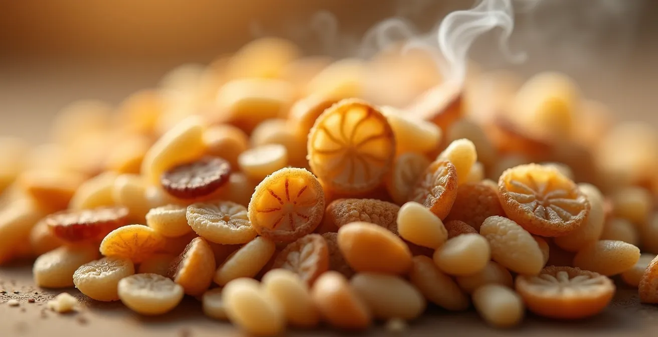 Extreme close-up of toasted quinoa and buckwheat grains showing golden textures