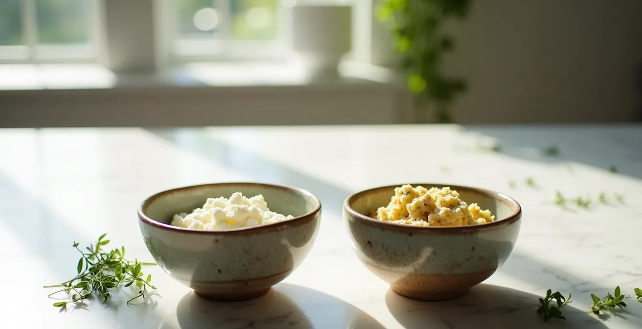 Side-by-side comparison of tofu ricotta and cashew ricotta textures in bowls