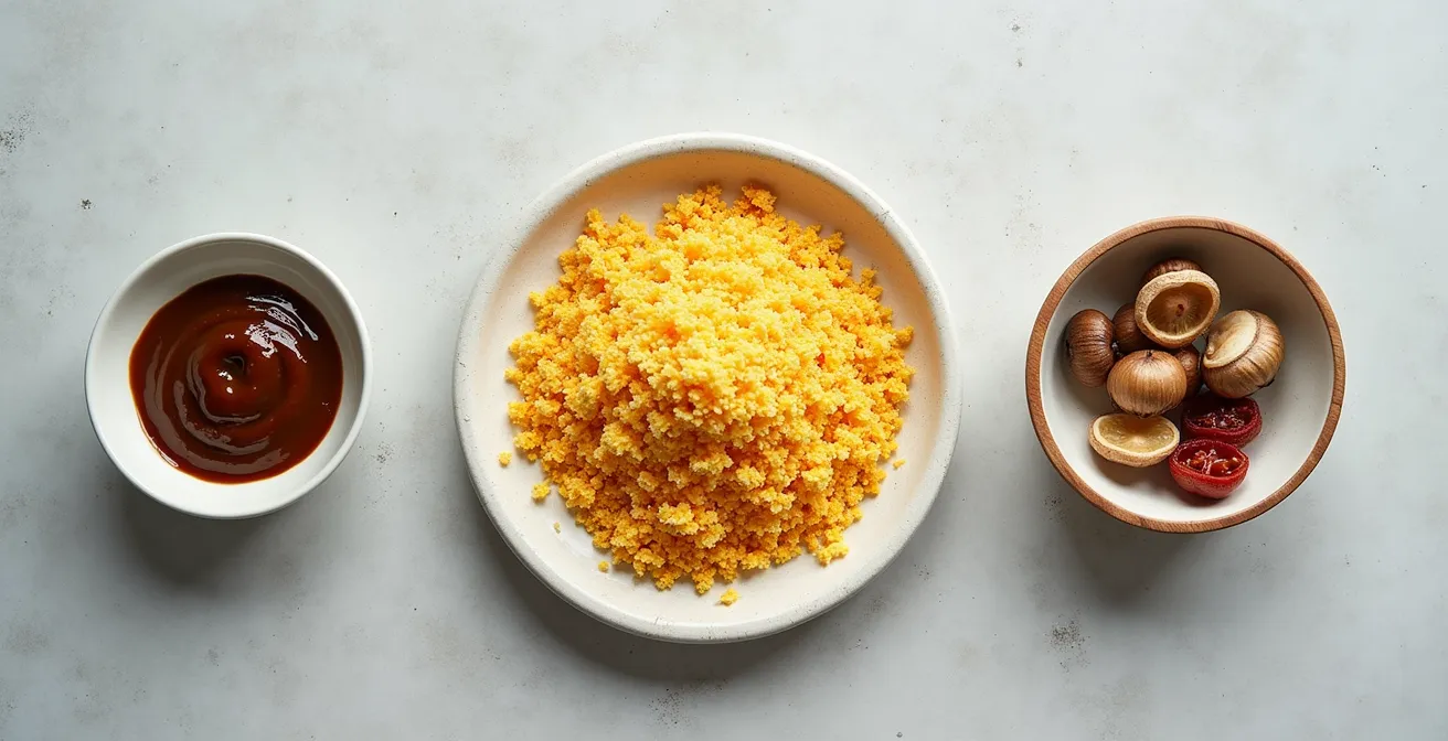 Nutritional yeast surrounded by umami-rich ingredients in artistic arrangement