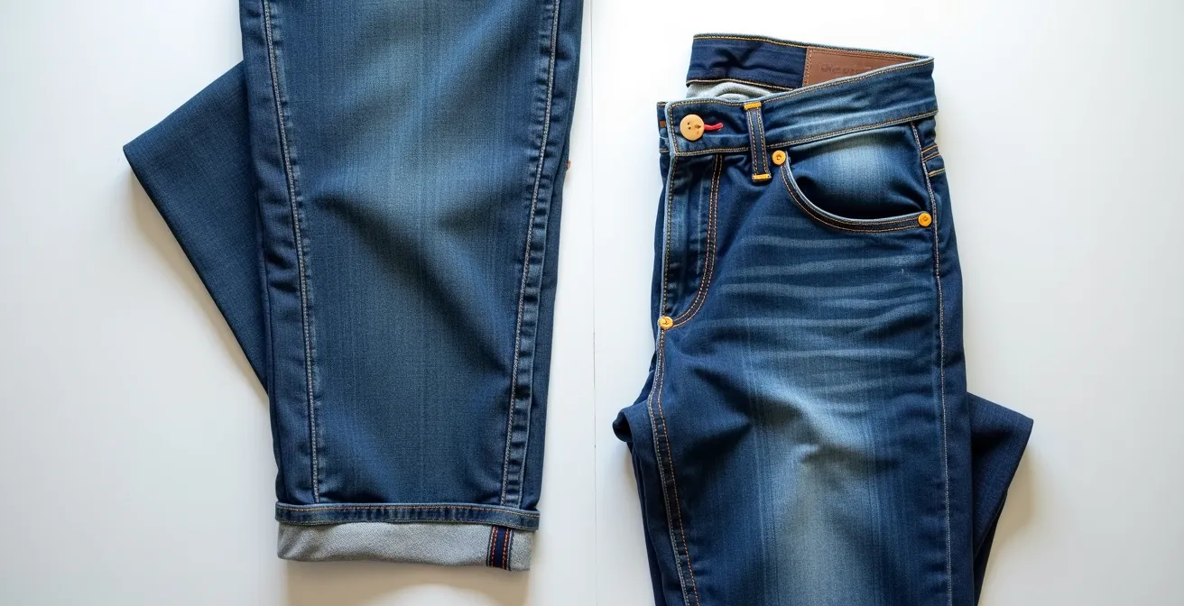 Side-by-side comparison of worn fast fashion jeans versus well-maintained ethical denim showing quality difference