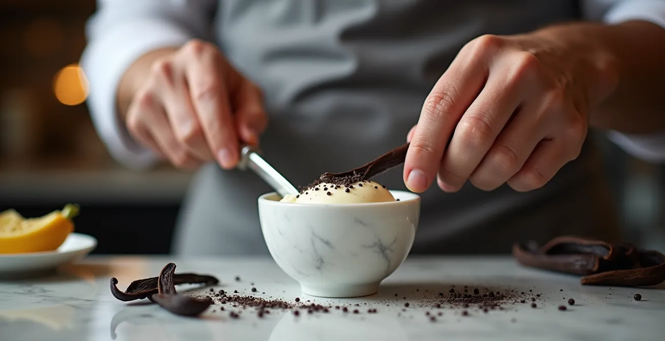 Split vanilla bean seeds being scraped into creamy white cashew mixture