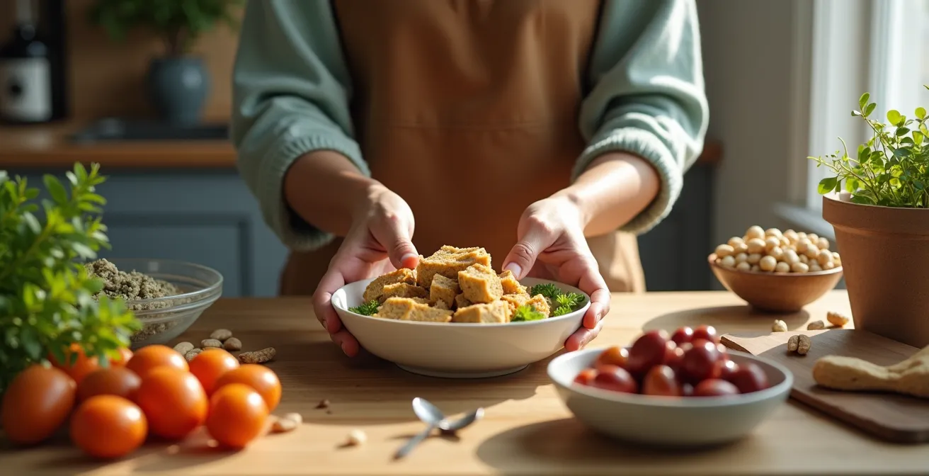 Person using nutrition tracking app while preparing colorful vegan meal with various plant-based proteins