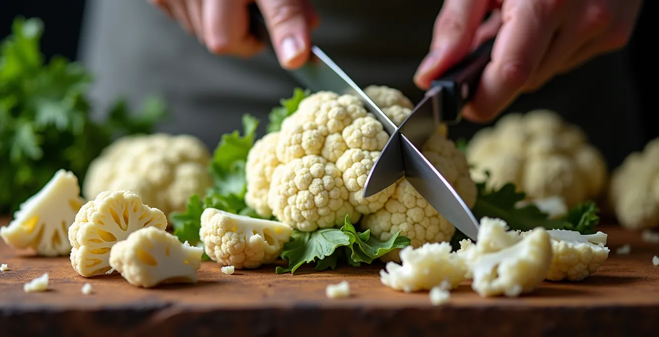 A cauliflower being expertly broken down into distinct cuts: thick steaks, fine rice, and whole leaves, ready for different cooking methods.