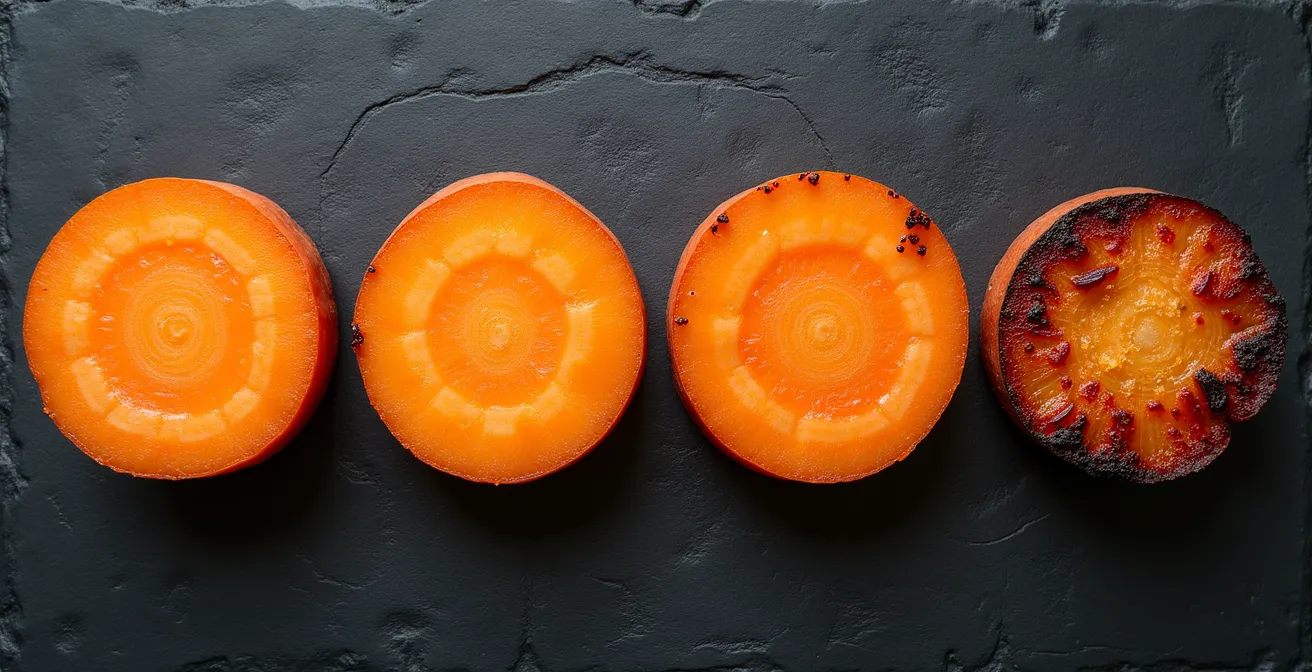 Cross-section view of roasted carrots showing the color gradient from a pale center to deeply caramelized edges over time.