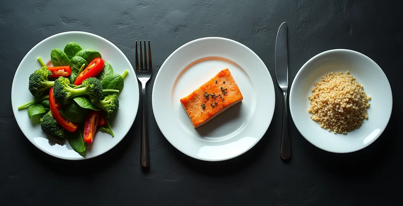 Sequential arrangement of vegetables, protein, and carbohydrates on a dining table, symbolizing the vegetables-first eating method.