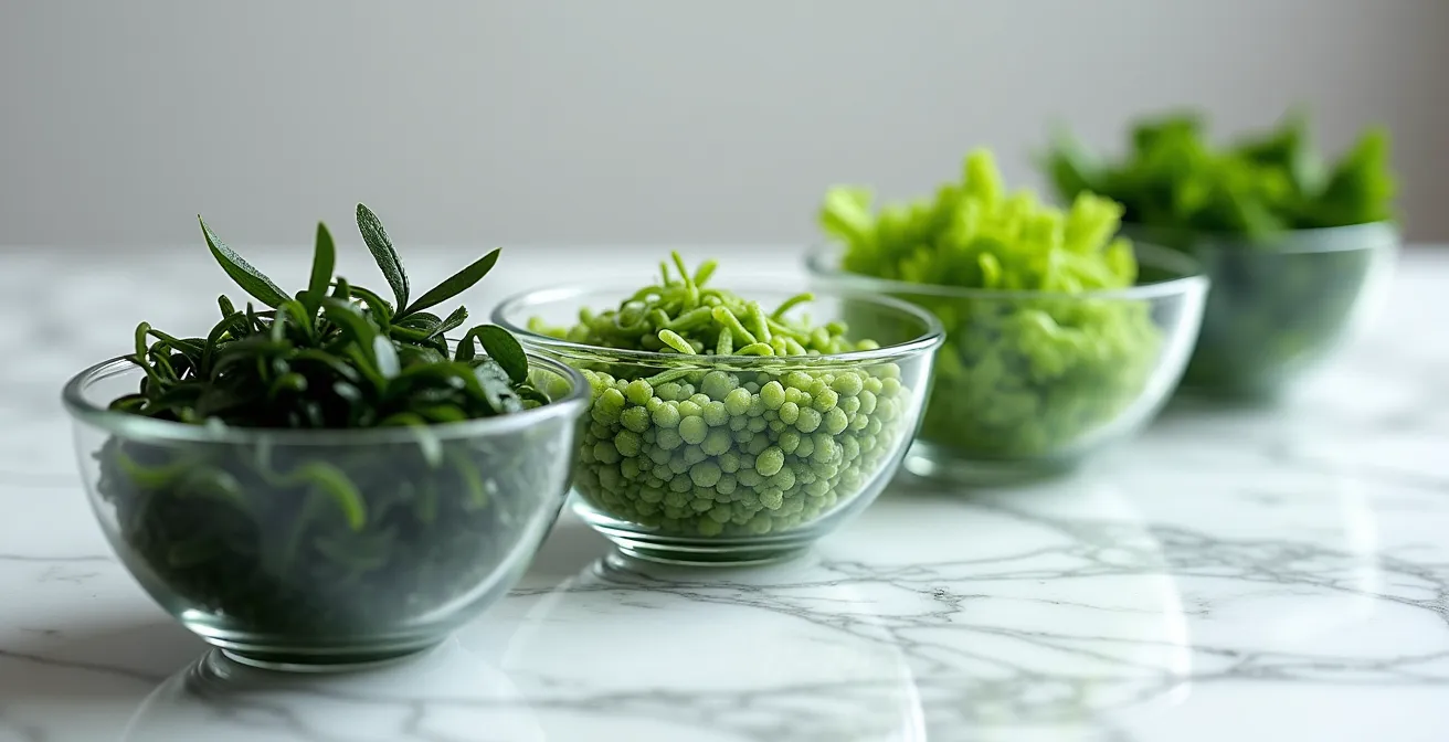 Time-lapse style arrangement of wakame at different soaking stages