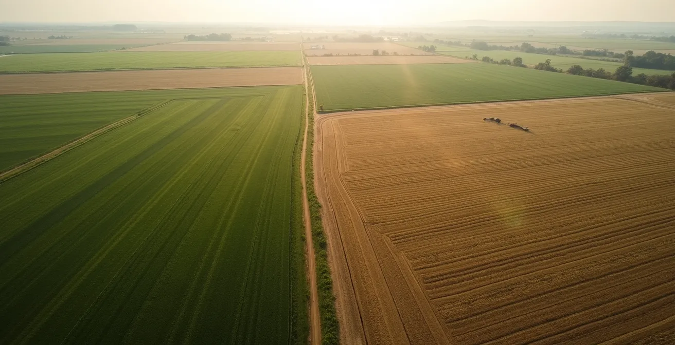 Wide aerial view of agricultural landscape showing irrigation systems and cattle grazing areas