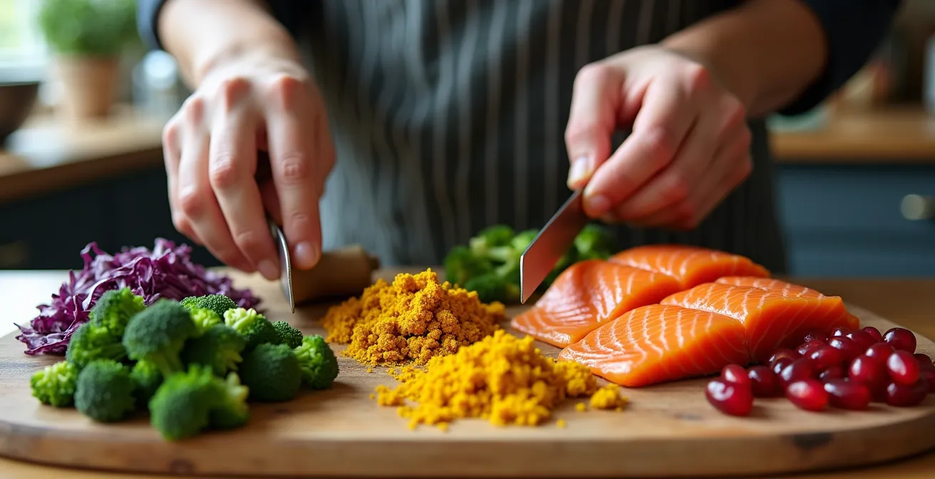 Overhead view of colorful whole foods arranged in anti-inflammatory meal pattern