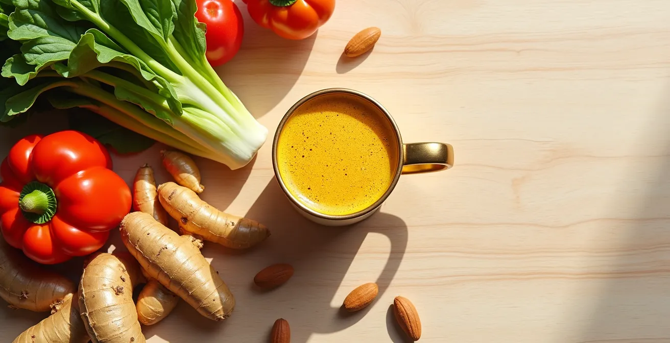 Wide shot of colorful anti-inflammatory whole foods arranged on natural surface