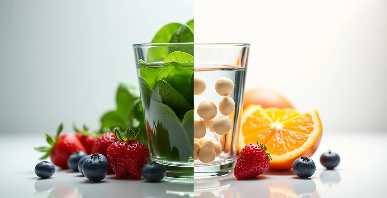Fresh whole vegetables and fruits arranged naturally beside an empty glass, suggesting natural nutrition over supplements