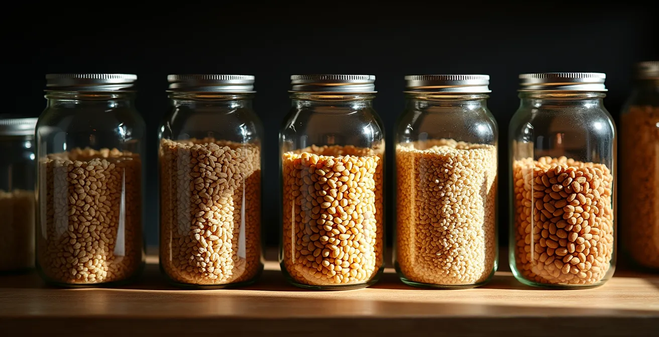 Airtight glass storage jars with various whole grains arranged in a pantry with soft lighting