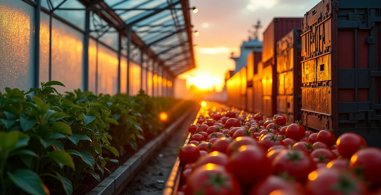 Split composition showing heated greenhouse on one side and cargo ship with produce containers on the other