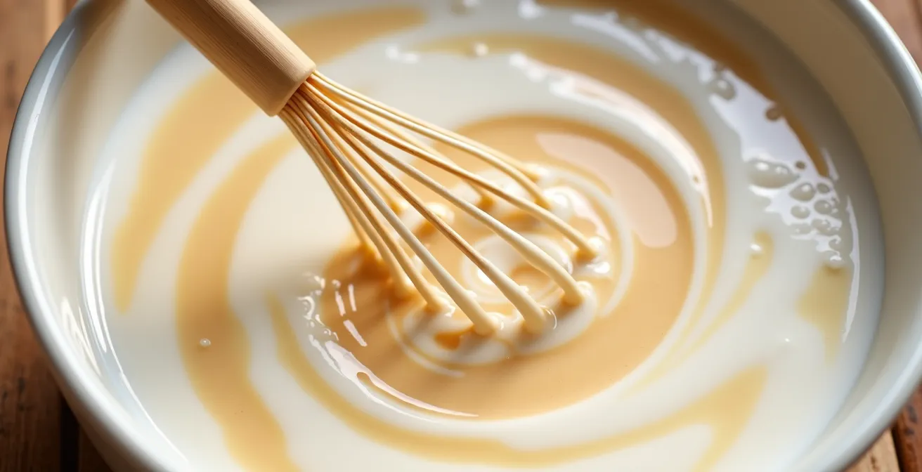Extreme close-up of xanthan gum being whisked into almond milk creating smooth vortex