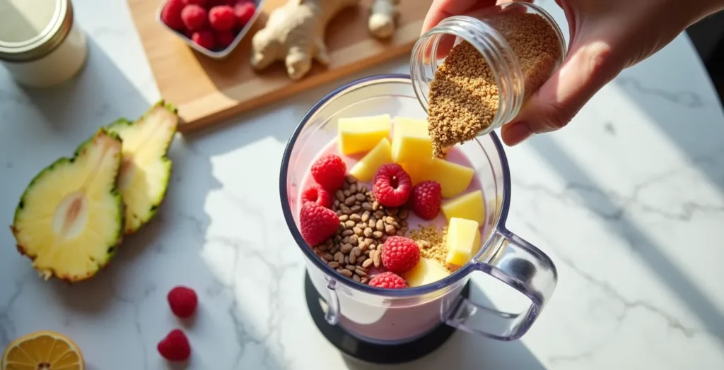 Golden flaxseeds with tropical fruits and smoothie ingredients arranged on marble surface Golden flaxseeds with tropical fruits and smoothie ingredients arranged on marble surface